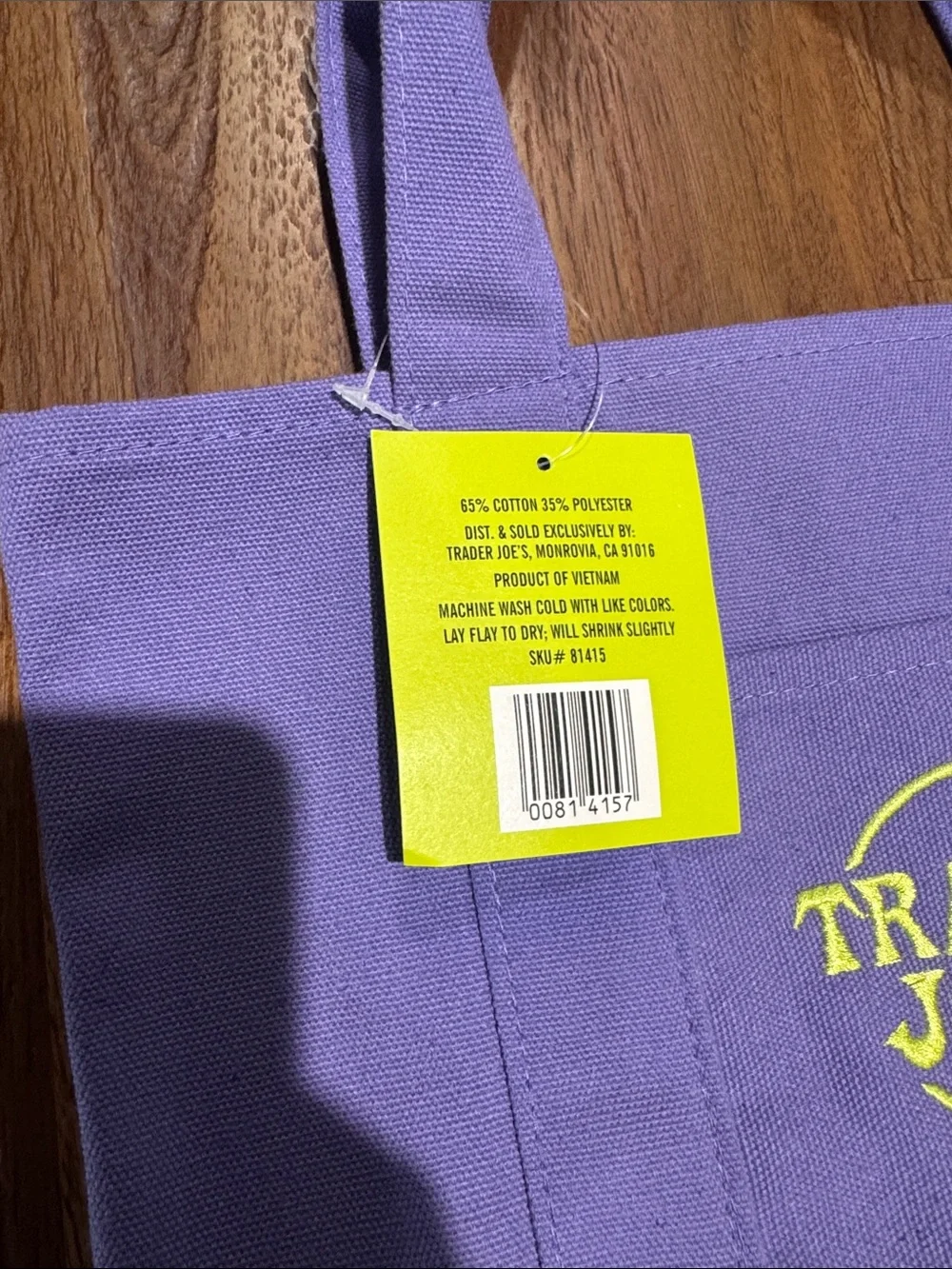 Trader Joe's Lavender Canvas Tote with Yellow Logo